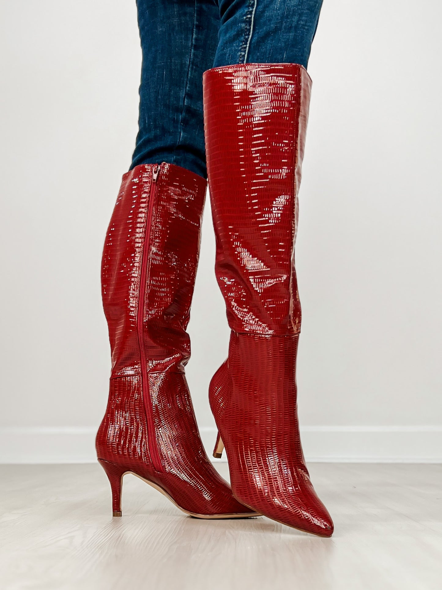 Croc Pattern Patent Finish Pointed-Toe Tall Boots in Red
