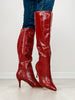 Croc Pattern Patent Finish Pointed-Toe Tall Boots in Red