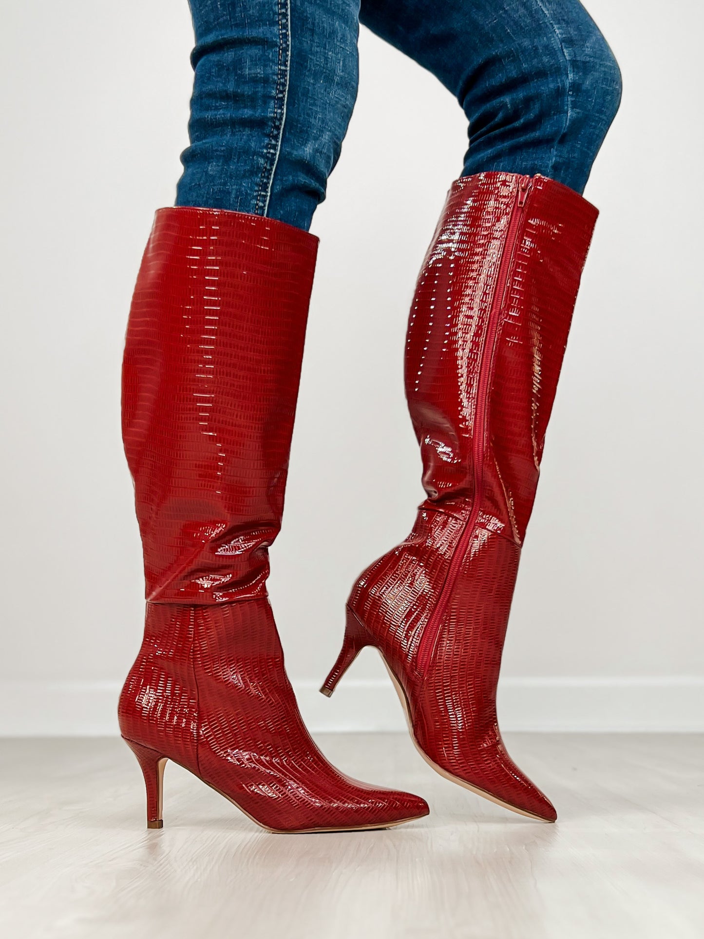 Croc Pattern Patent Finish Pointed-Toe Tall Boots in Red