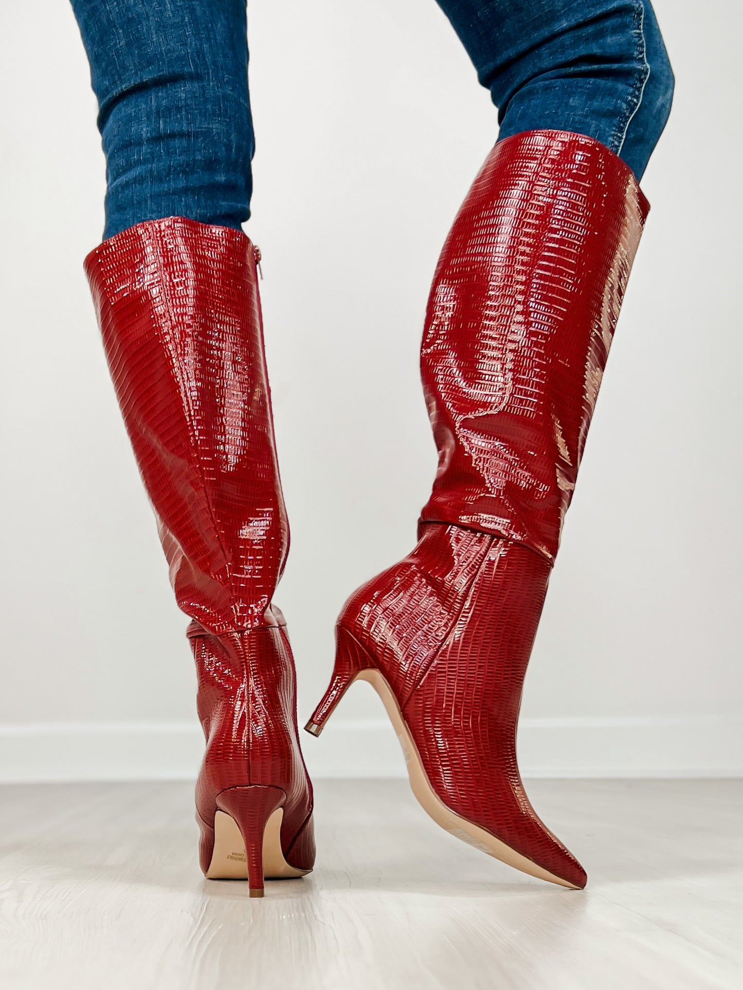 Croc Pattern Patent Finish Pointed-Toe Tall Boots in Red