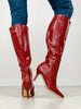 Croc Pattern Patent Finish Pointed-Toe Tall Boots in Red