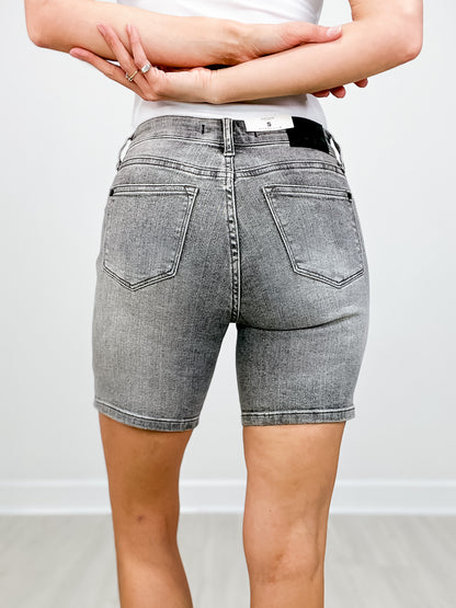 Judy Blue SUTTON Mid Rise Contrast Wash Grey Bermuda Denim Shorts