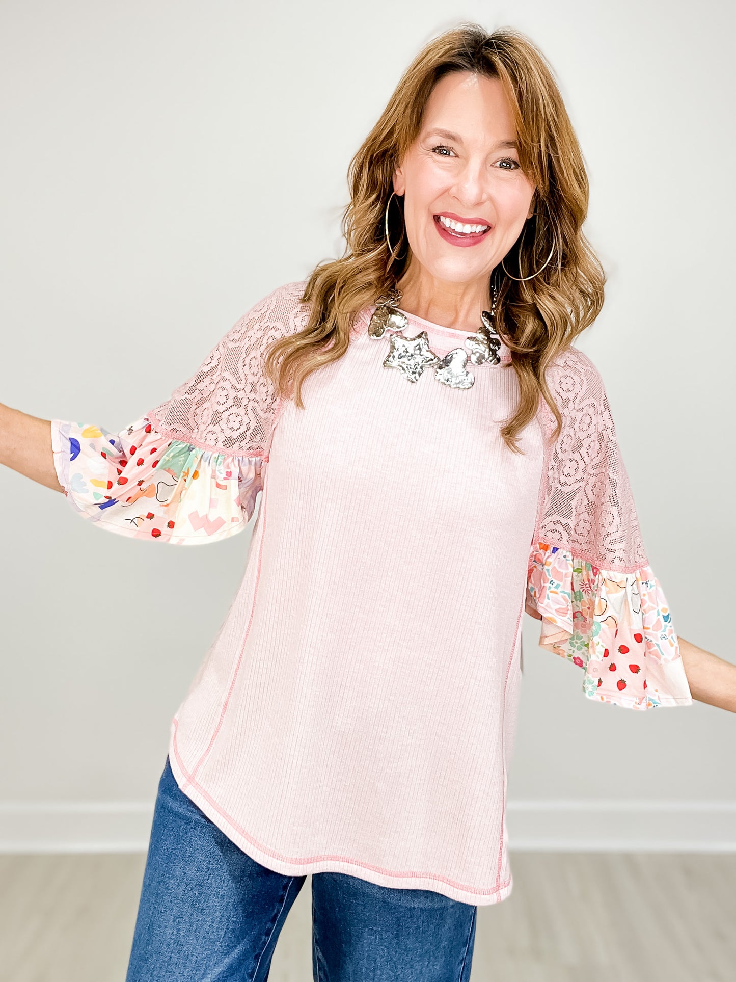 Print N Lace Mix Rib Knit Tunic Top with Half Ruffled Sleeves