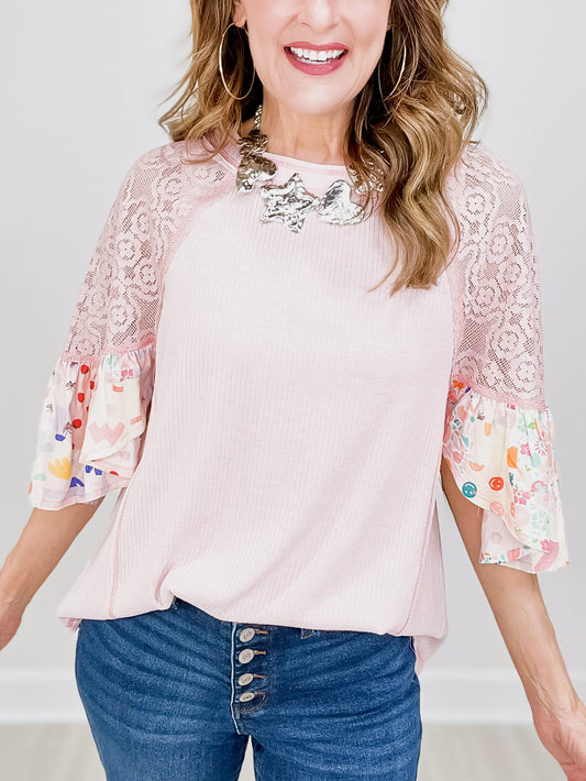 Print N Lace Mix Rib Knit Tunic Top with Half Ruffled Sleeves