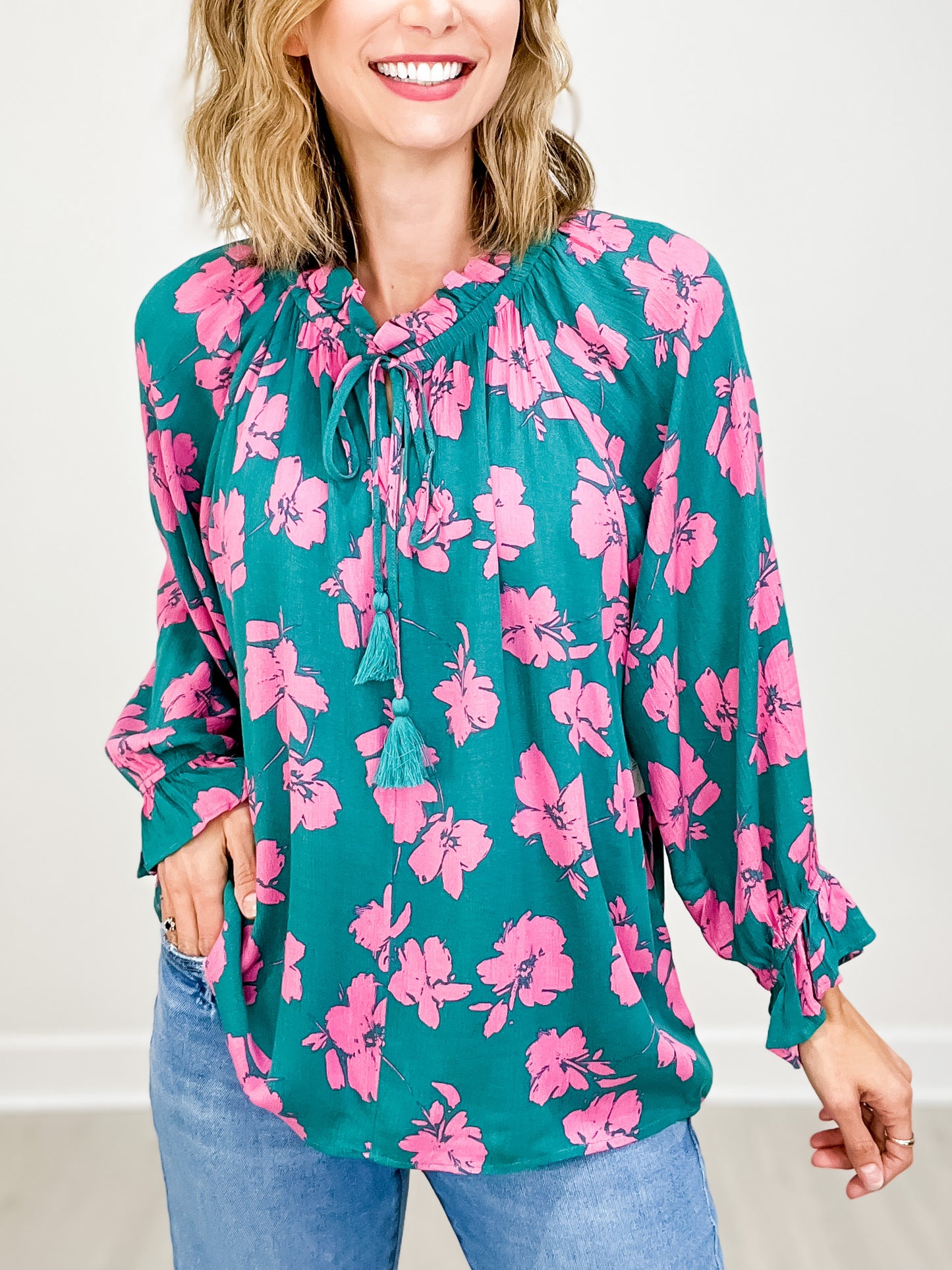 Floral Print 3/4 Sleeve Top with Front Tie Tassel