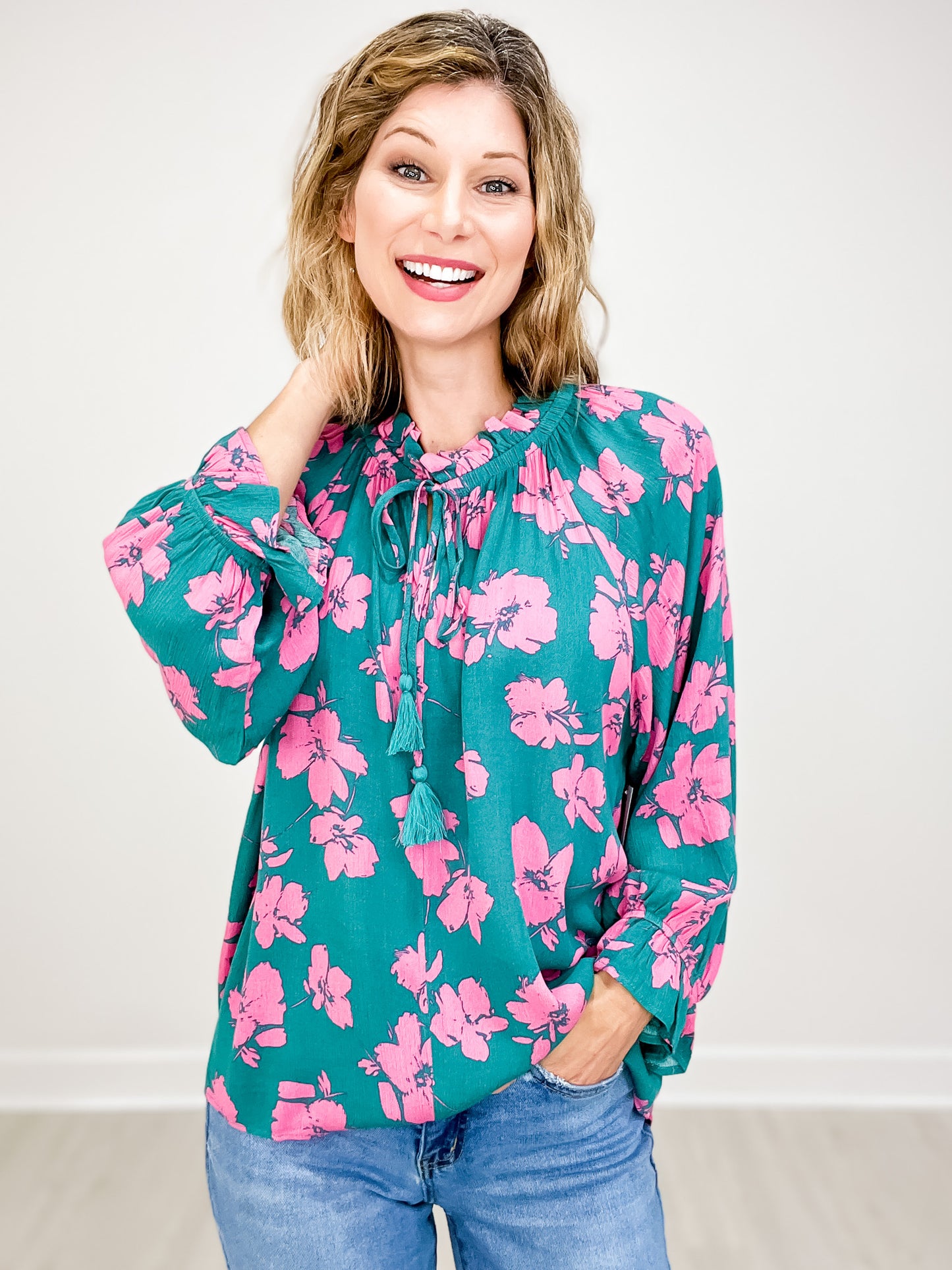 Floral Print 3/4 Sleeve Top with Front Tie Tassel