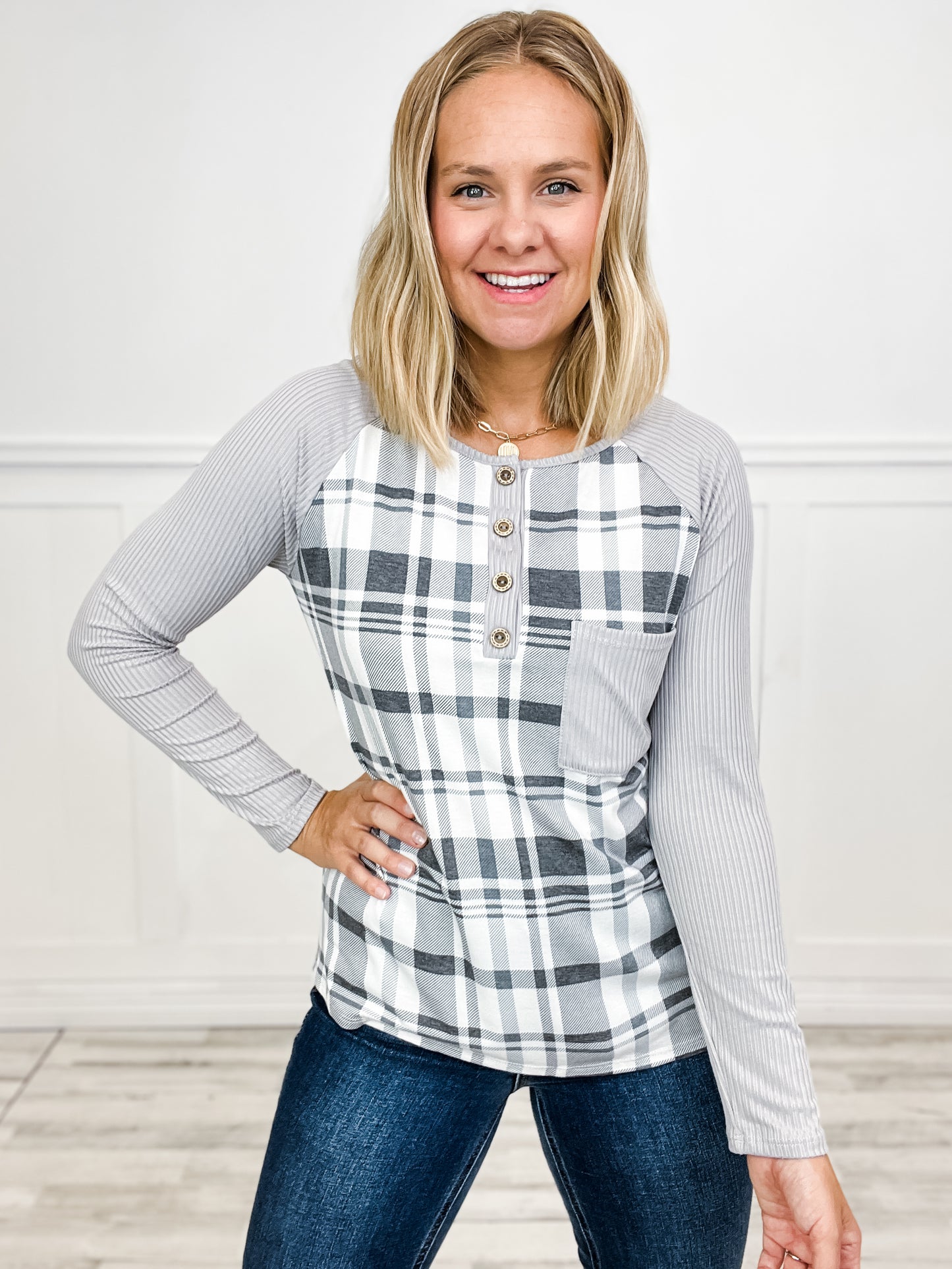 CHECKER JERSEY KNIT HENLEY TOP WITH FRONT POCKET