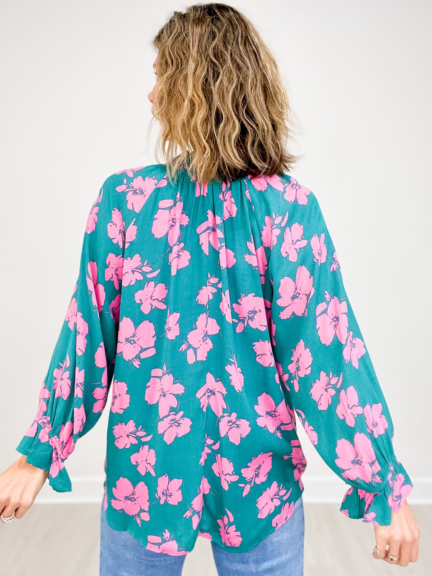 Floral Print 3/4 Sleeve Top with Front Tie Tassel