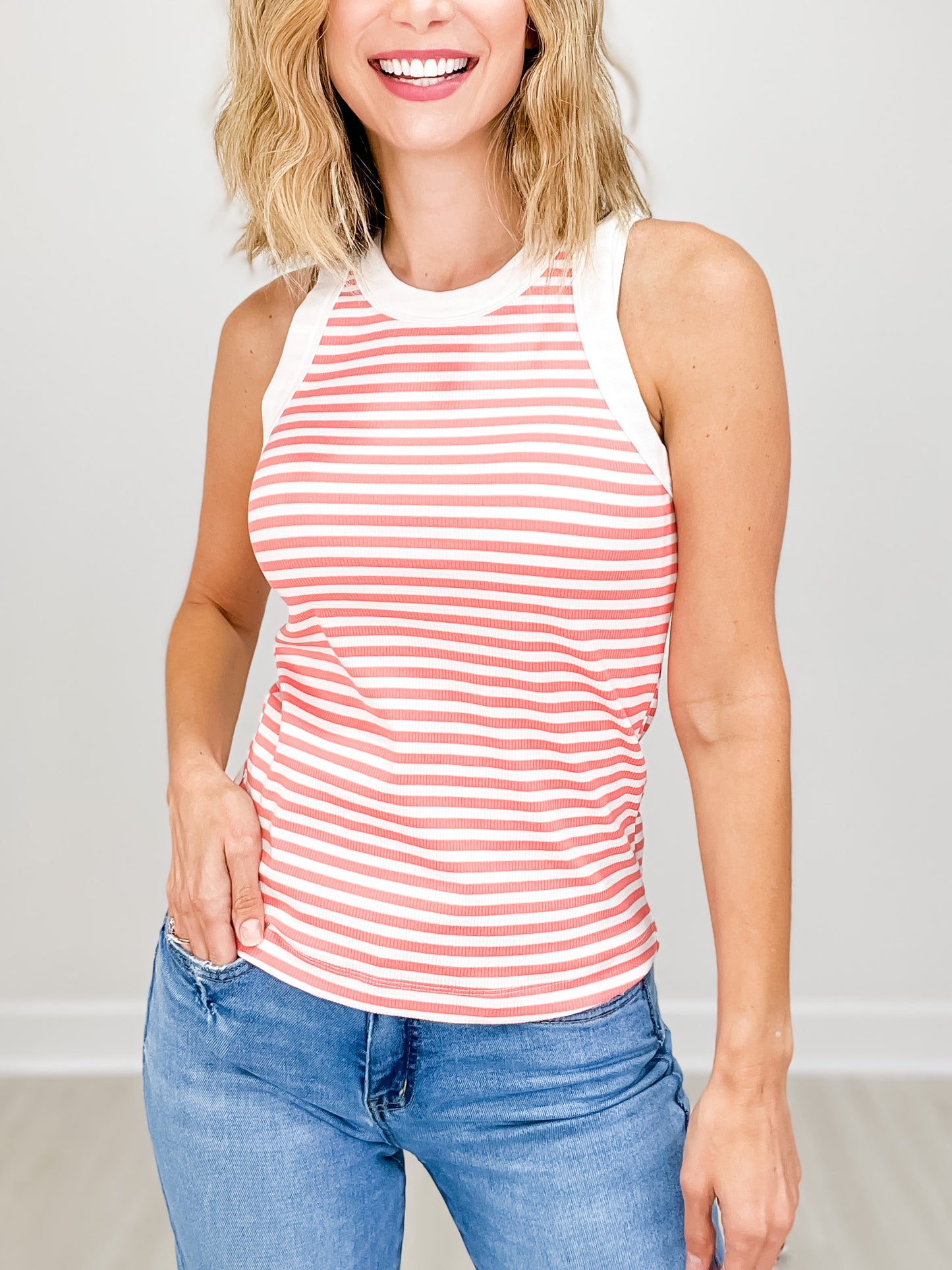 Crew Neck Striped Sleeveless Racer Tank Top