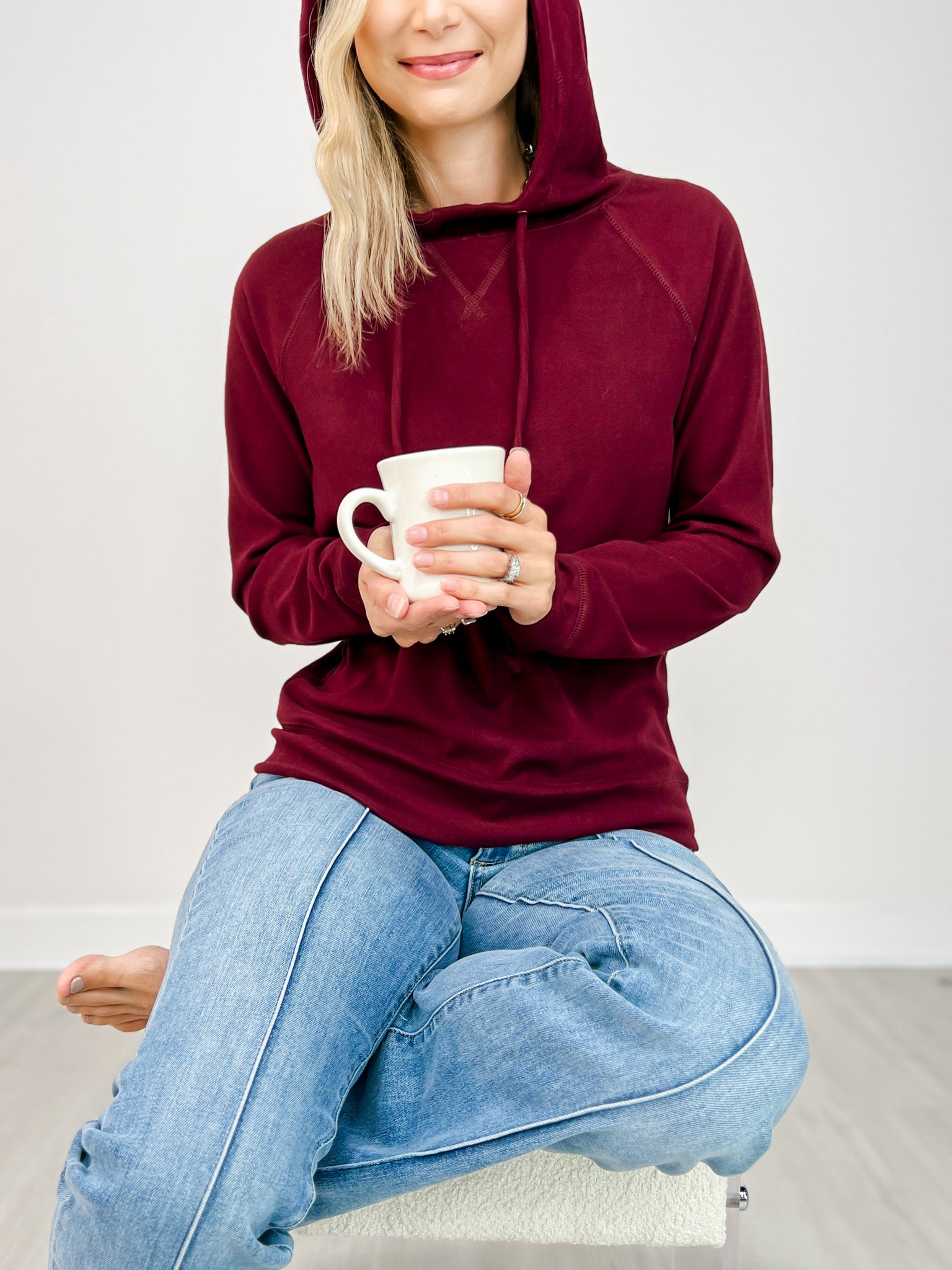 Micro Brushed Hoodie Top with Drawstring Neck