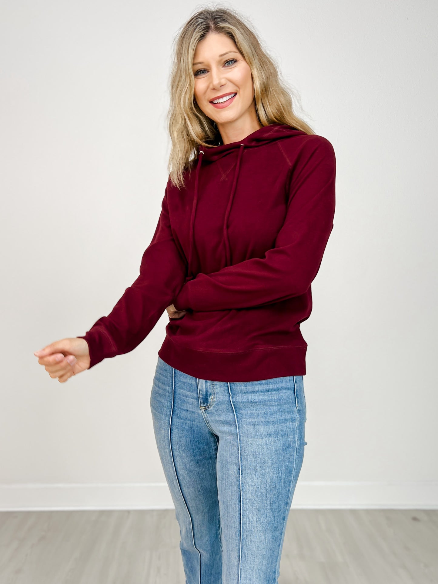 Micro Brushed Hoodie Top with Drawstring Neck