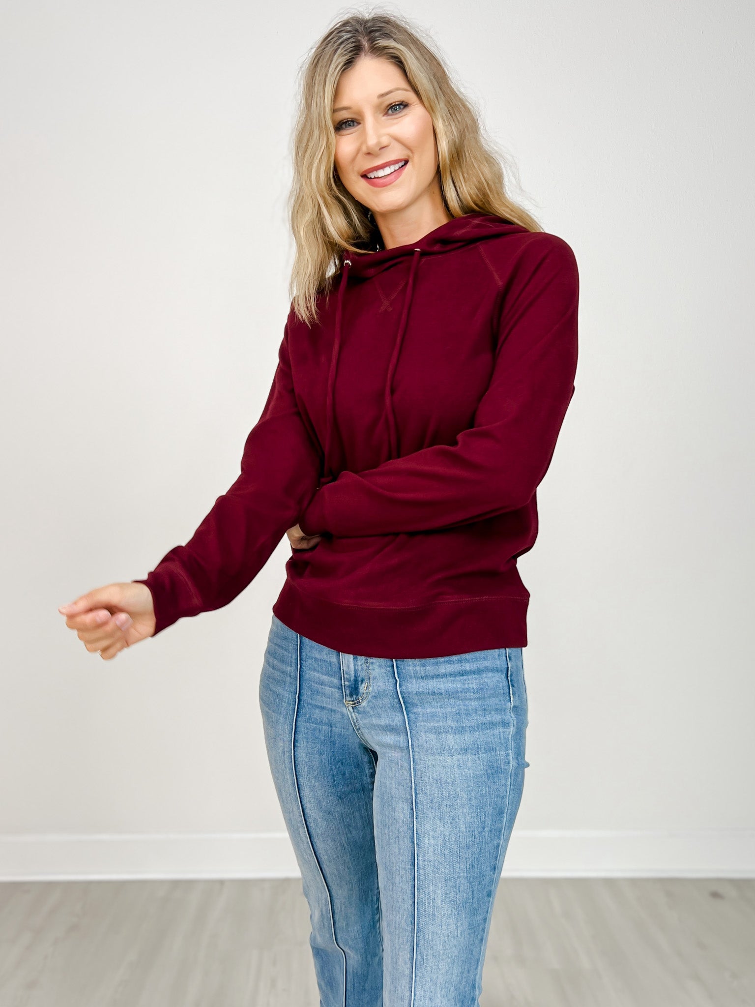Micro Brushed Hoodie Top with Drawstring Neck