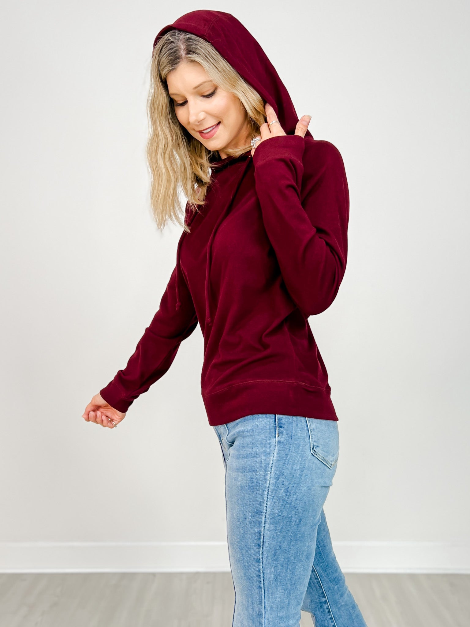 Micro Brushed Hoodie Top with Drawstring Neck
