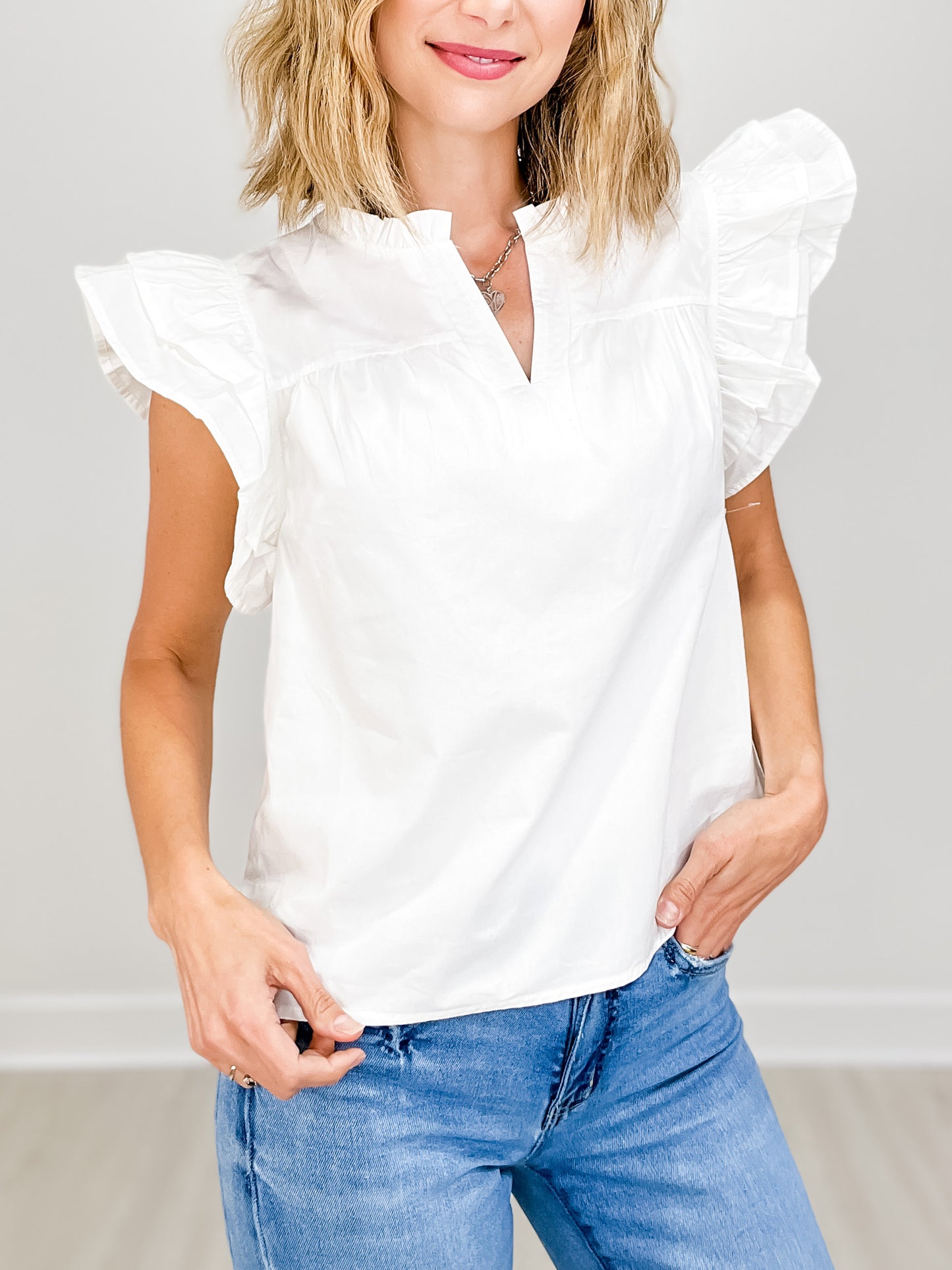 Solid Top with Split Frilled Neck and Ruffle Sleeves