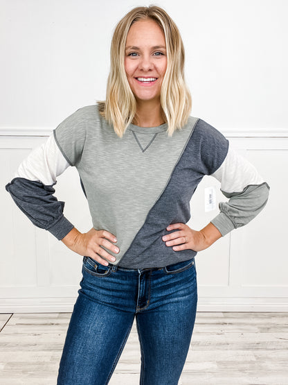 SLUB FRENCH TERRY COLOR BLOCK TOP WITH STITCHING DETAIL