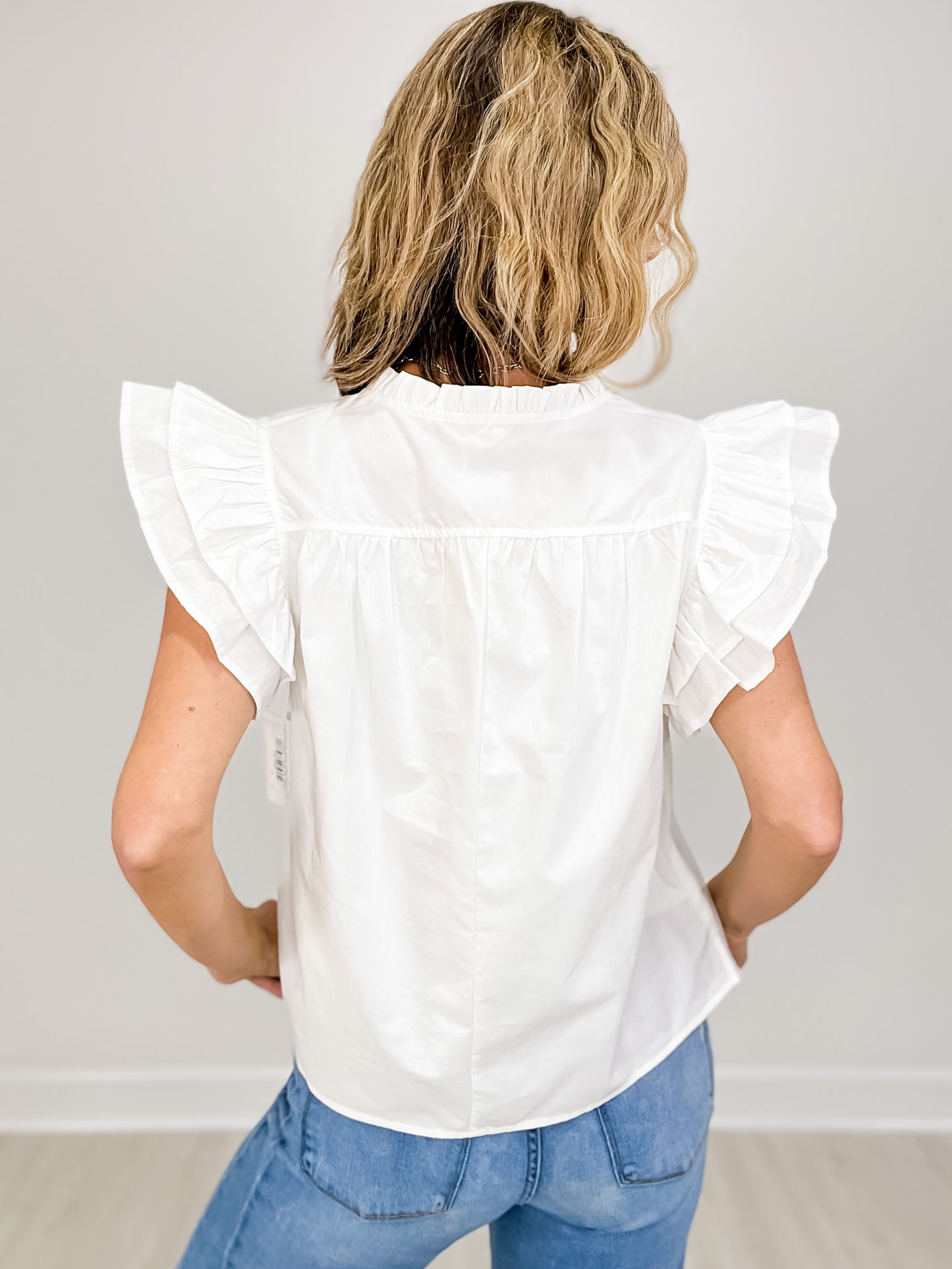 Solid Top with Split Frilled Neck and Ruffle Sleeves