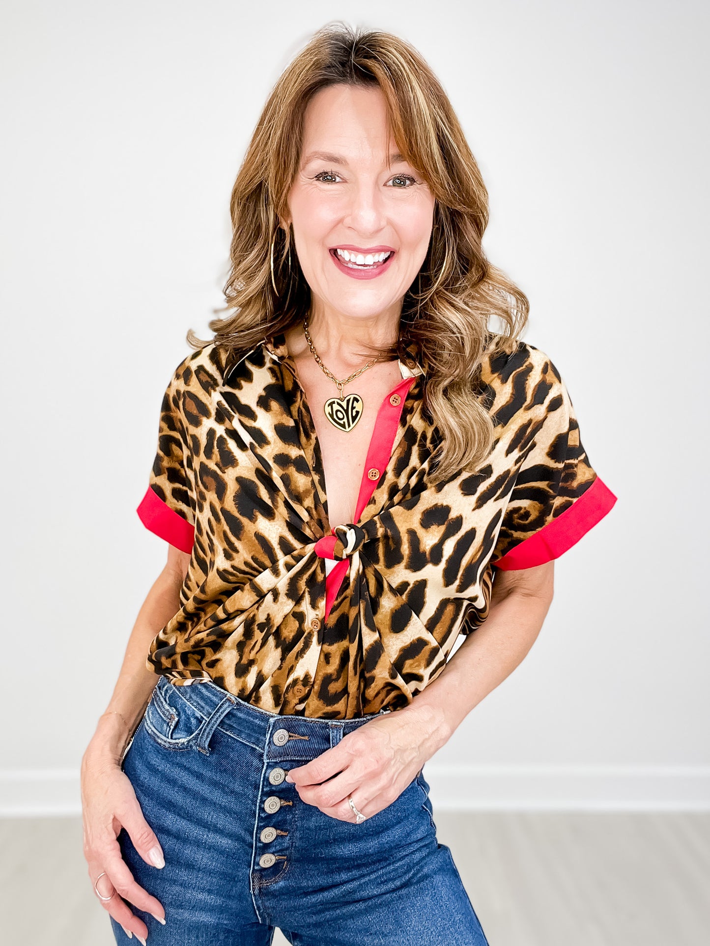 Cuffed Short Sleeve Satin Leopard Print Button-Up Top