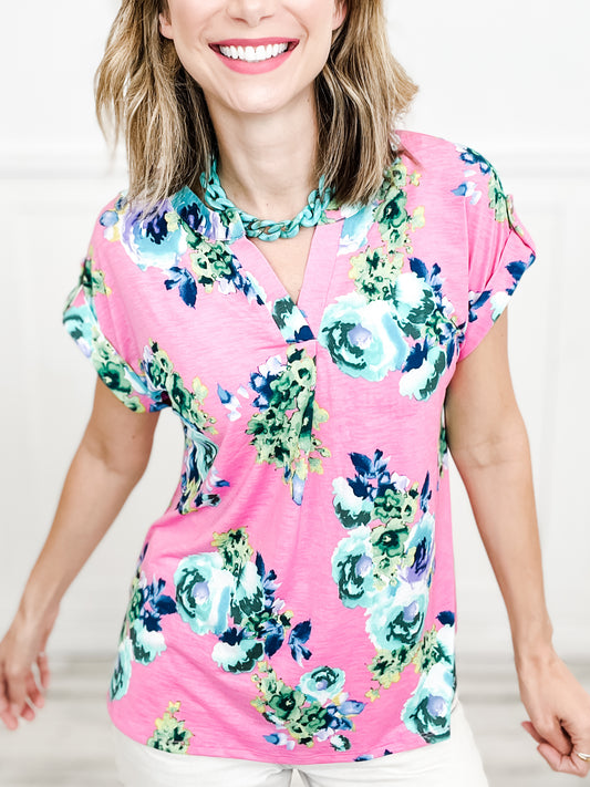 Walking in Sunshine Dolman Short Sleeve Top with Split Neckline