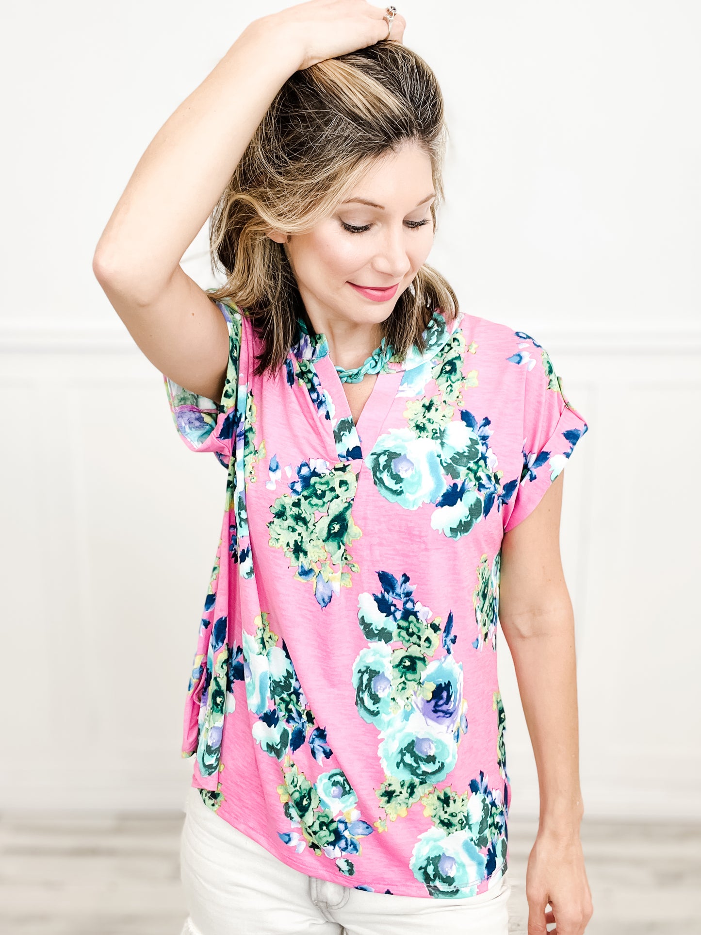 Walking in Sunshine Dolman Short Sleeve Top with Split Neckline