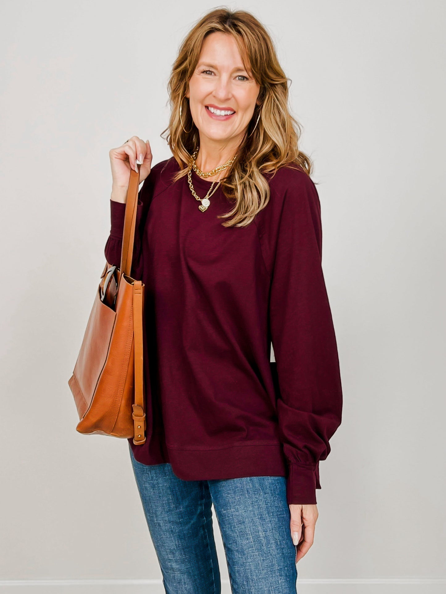 Oversized Cotton Slub Long Sleeve Top in Dark Cherry