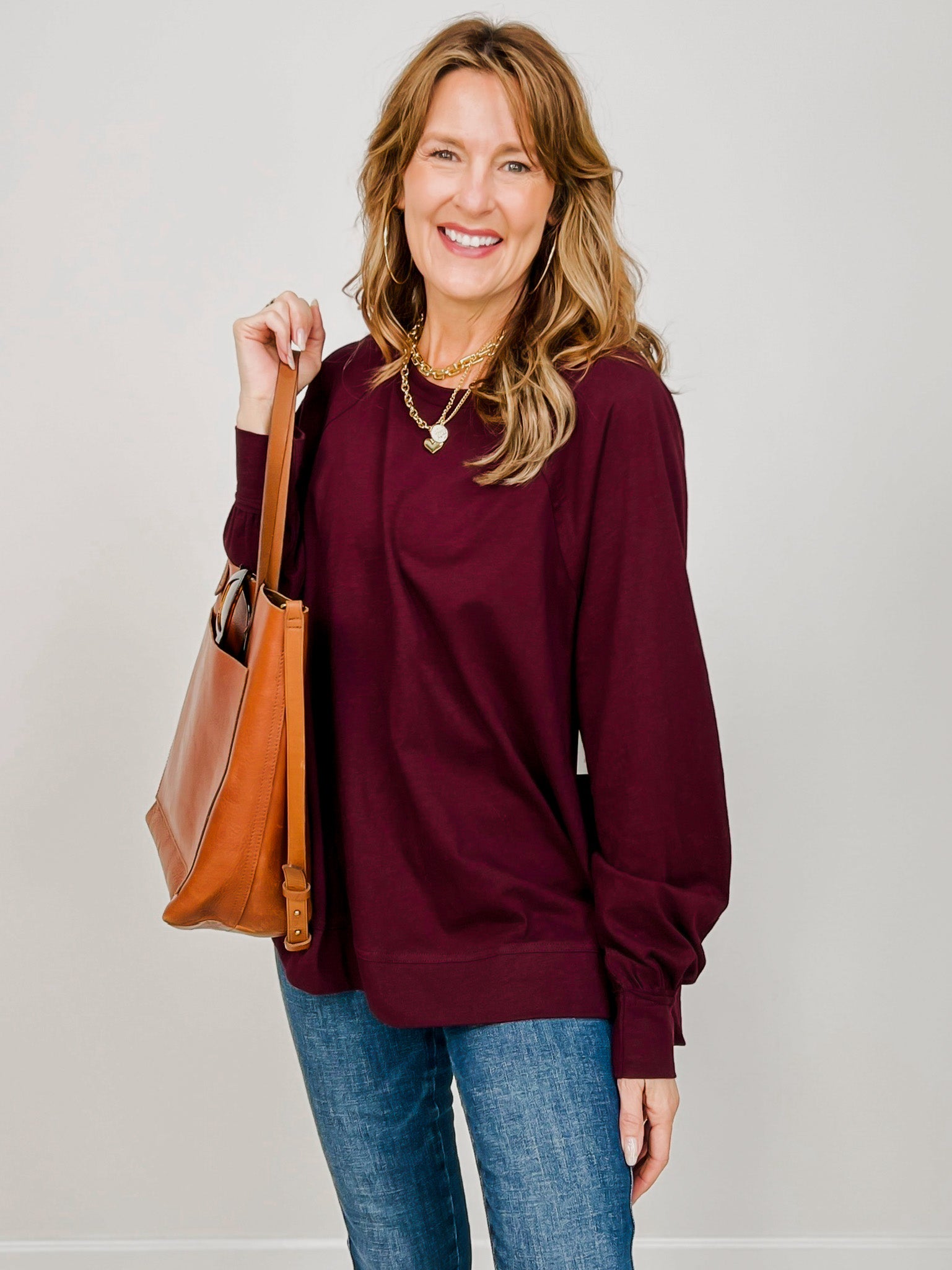Oversized Cotton Slub Long Sleeve Top in Dark Cherry