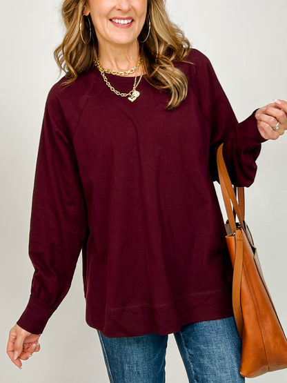 Oversized Cotton Slub Long Sleeve Top in Dark Cherry