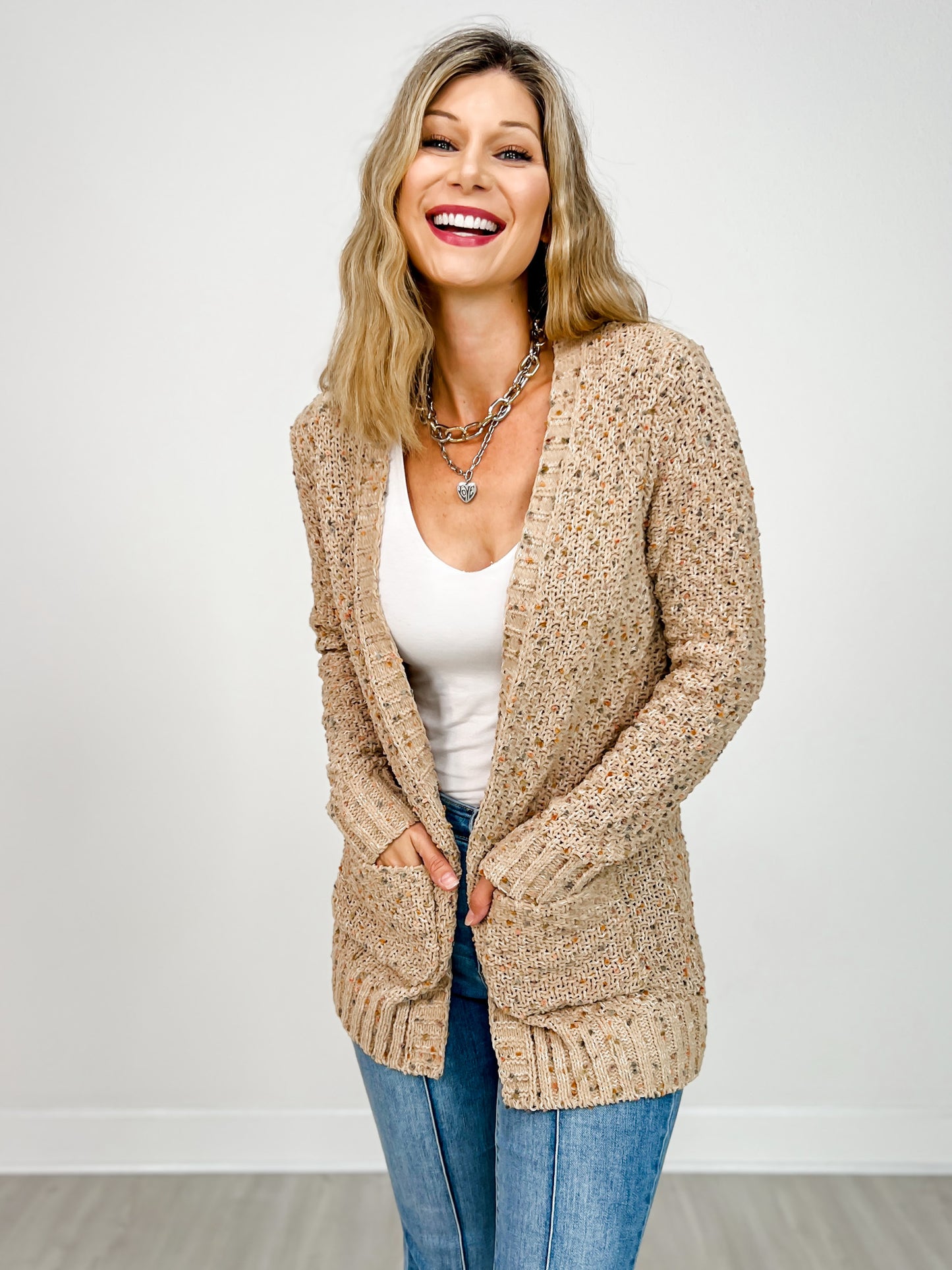 Open Front Popcorn Yarn Cardigan Sweater