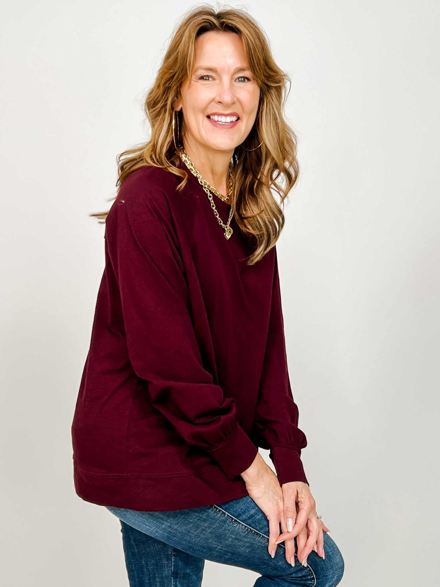 Oversized Cotton Slub Long Sleeve Top in Dark Cherry
