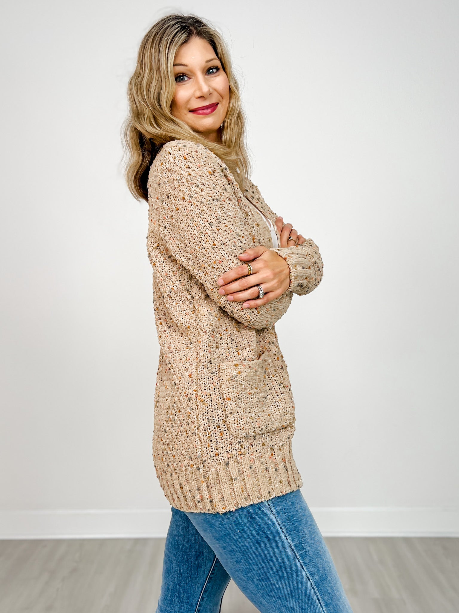 Open Front Popcorn Yarn Cardigan Sweater
