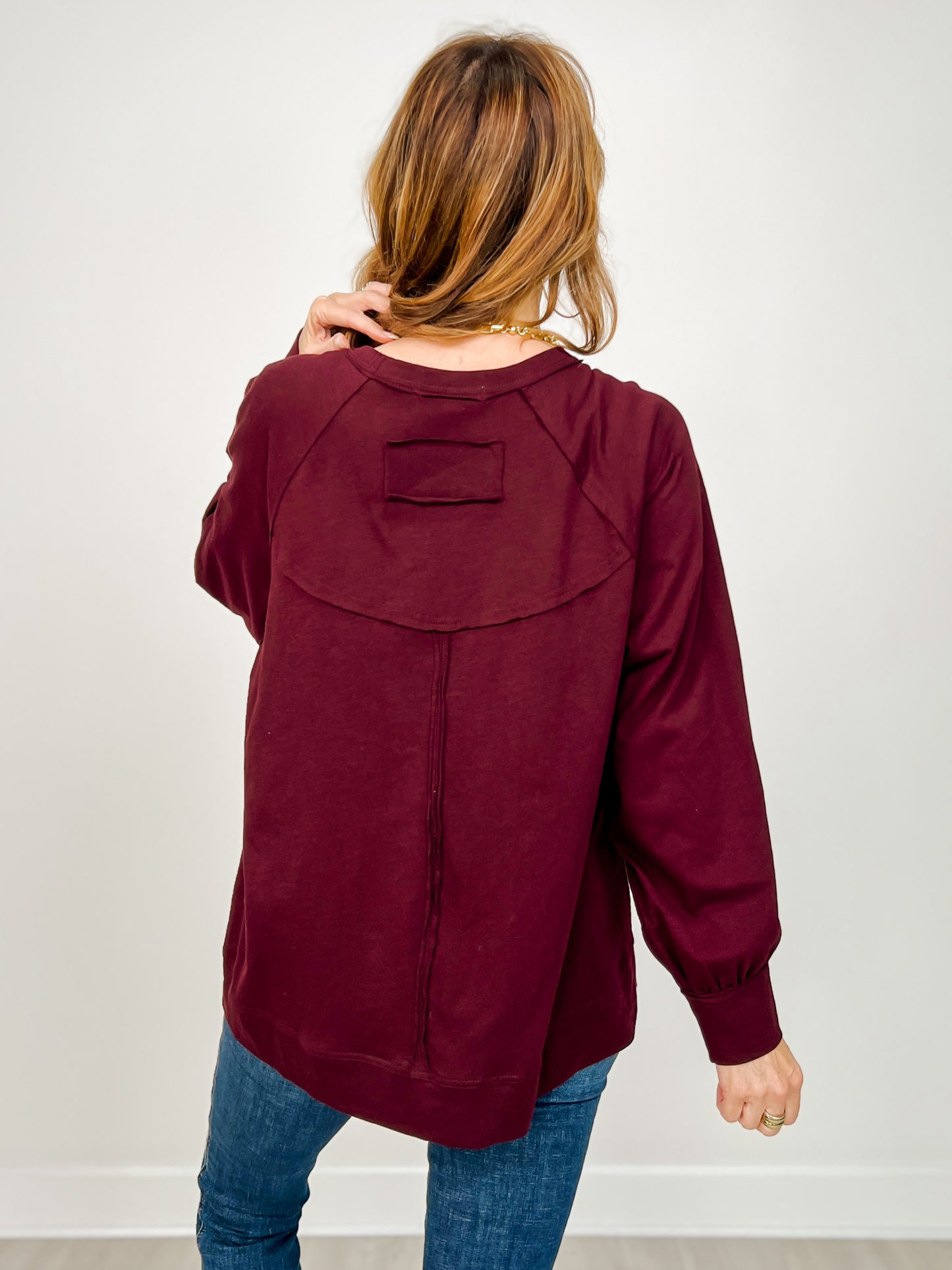 Oversized Cotton Slub Long Sleeve Top in Dark Cherry