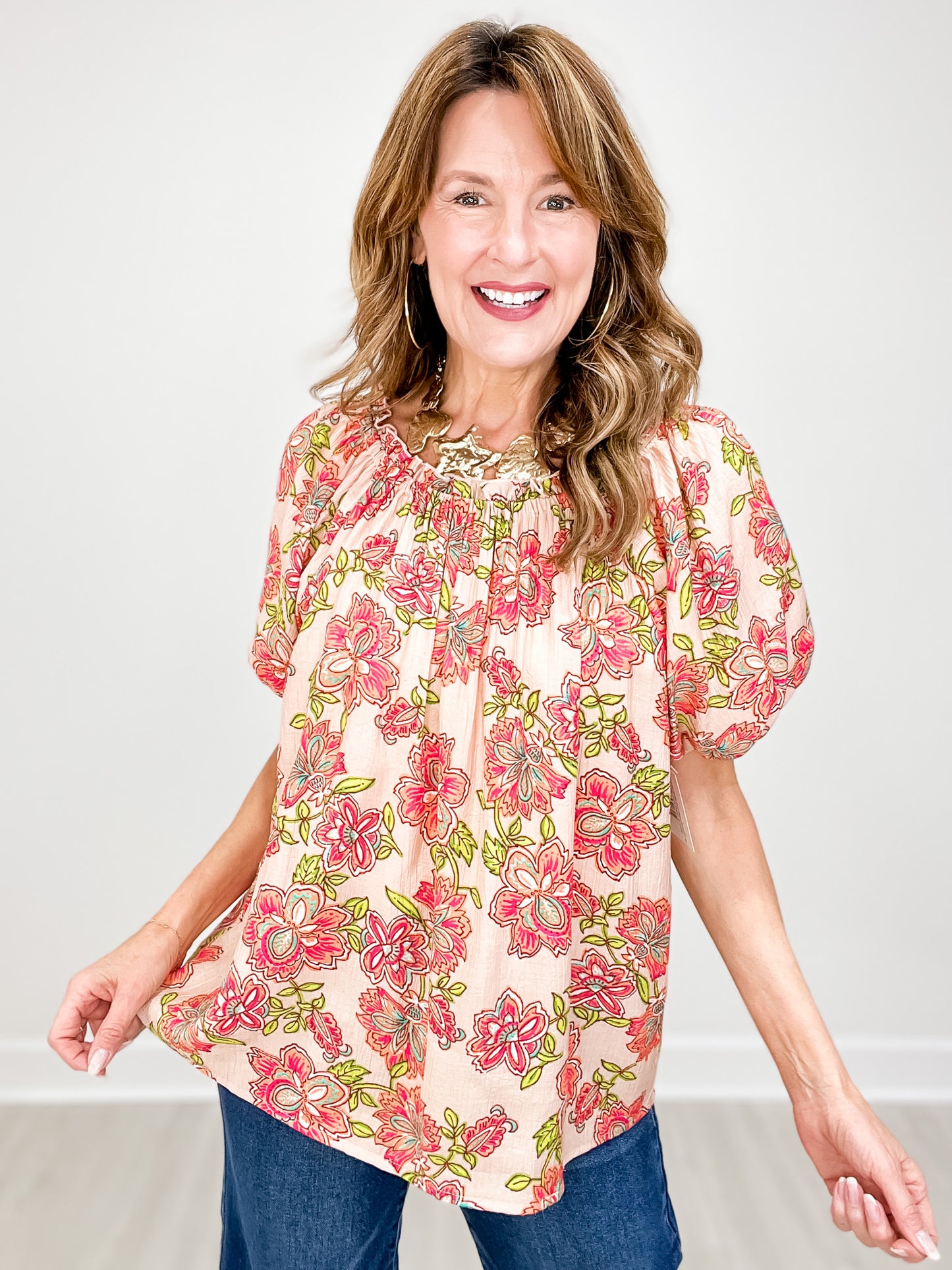 Off-Shoulder Bubble Short Sleeve Floral Print Top