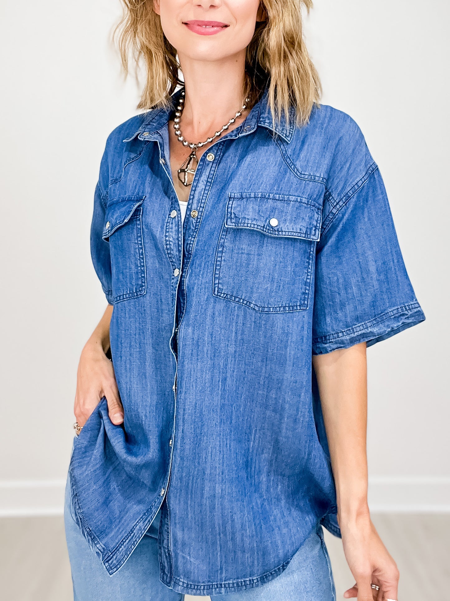 Relaxed Fit Short Sleeve Button Down Collared Denim Top