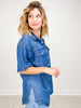 Relaxed Fit Short Sleeve Button Down Collared Denim Top