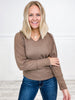 BRUSH WAFFLE KNIT CORDED EDGE V-NECK TOP WITH THUMB HOLES