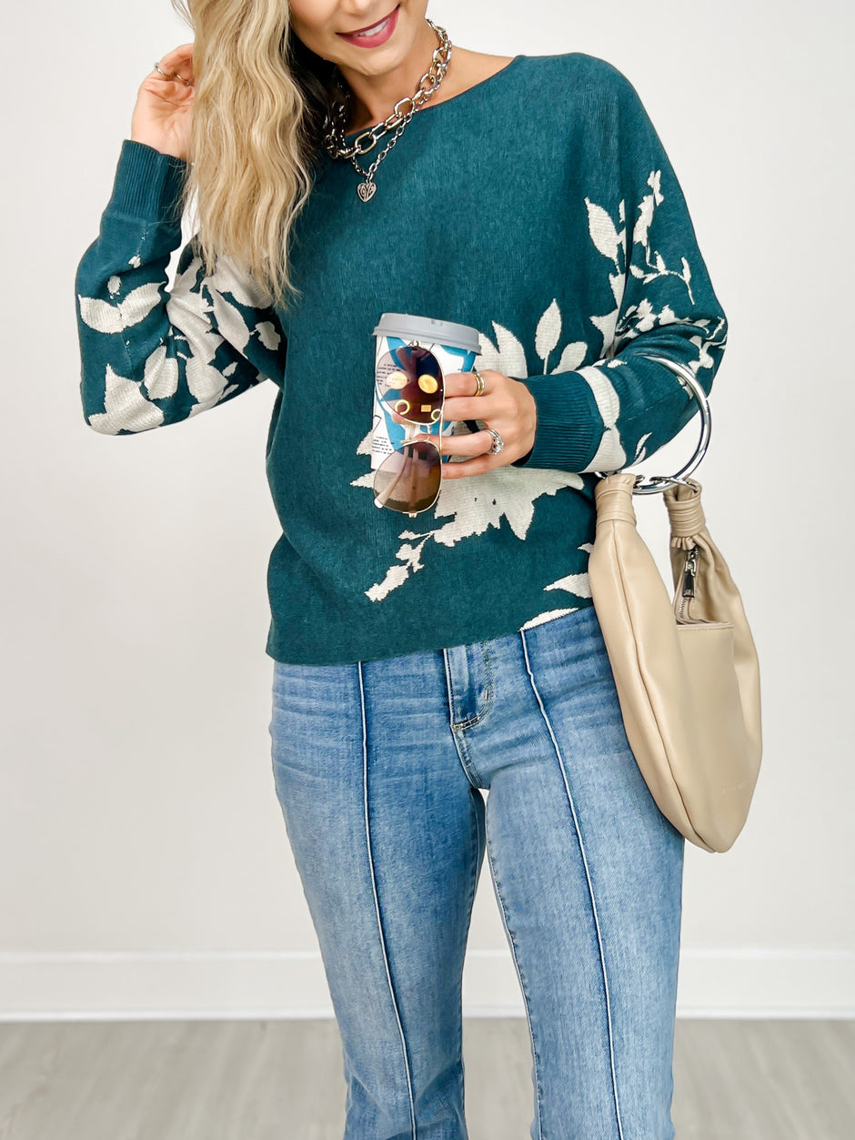 Dolman Sleeve Floral Jacquard Sweater