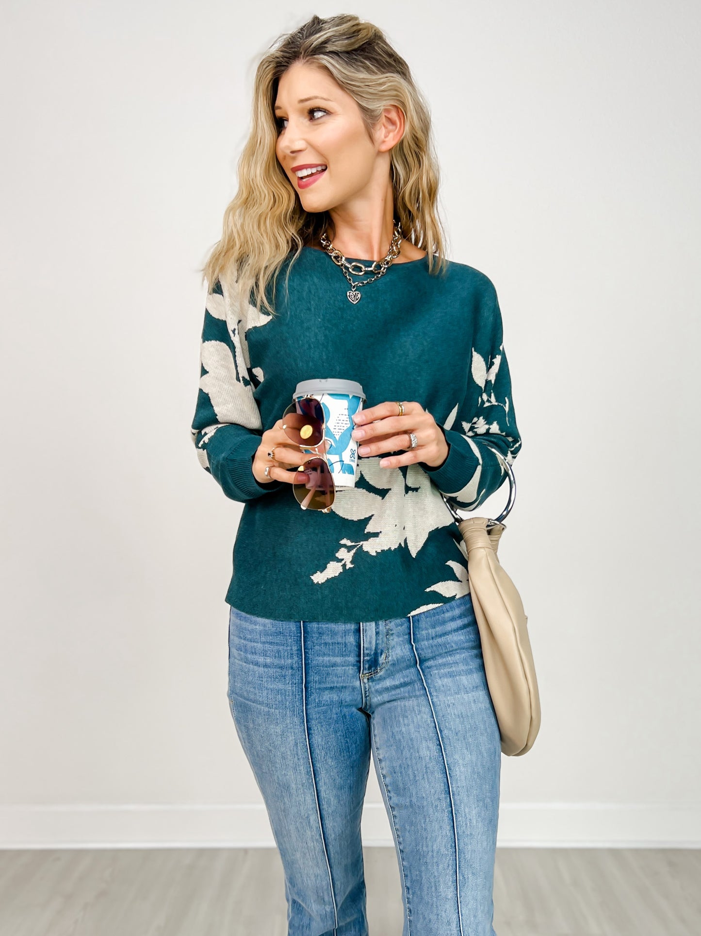 Dolman Sleeve Floral Jacquard Sweater