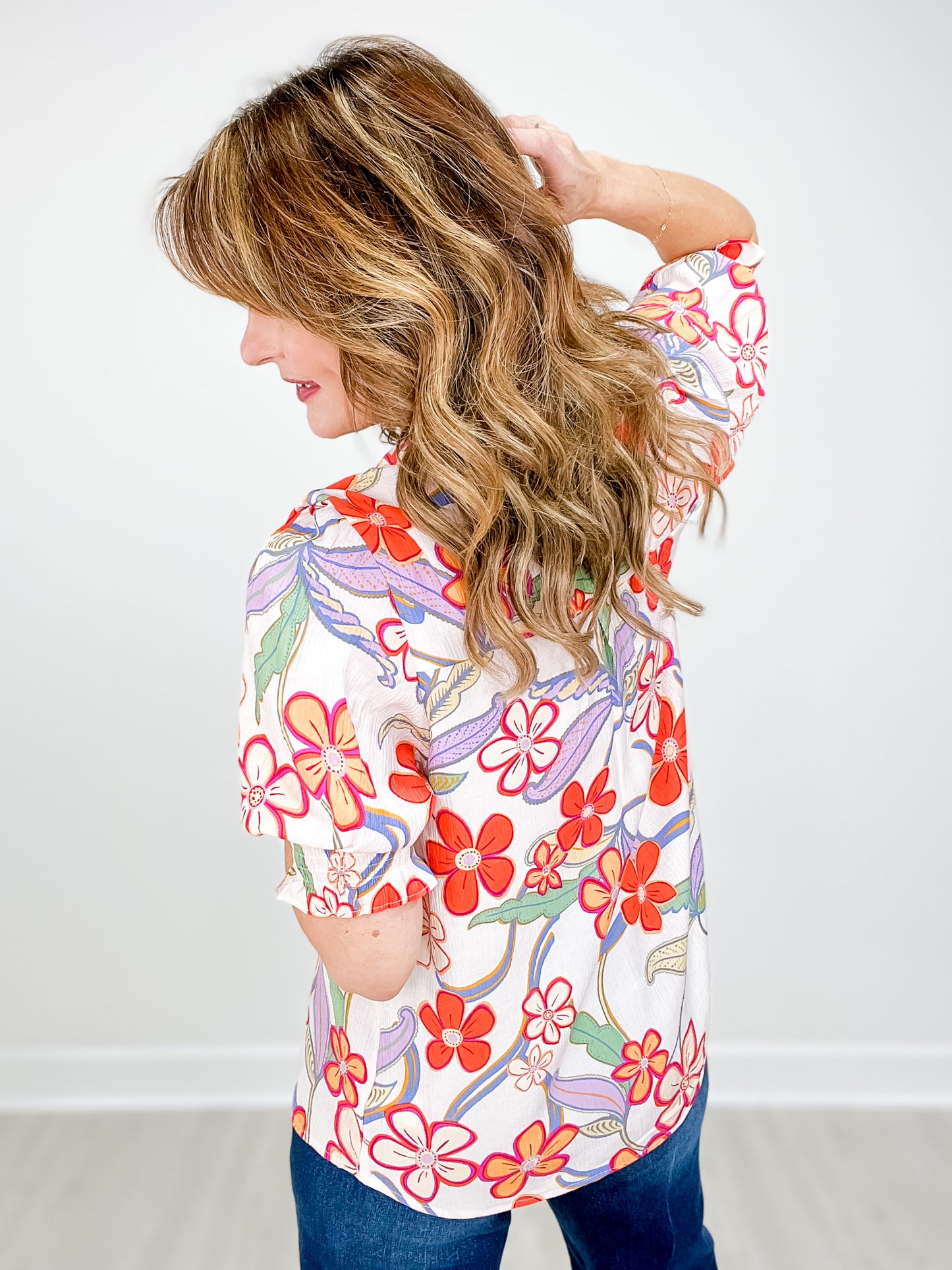 Floral Print Peach Blossom Top with Short Puff Sleeves