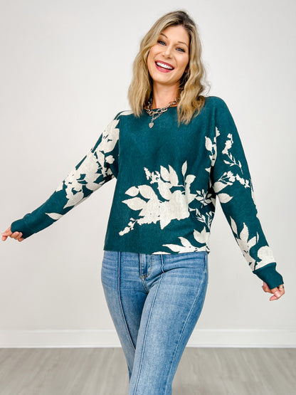 Dolman Sleeve Floral Jacquard Sweater