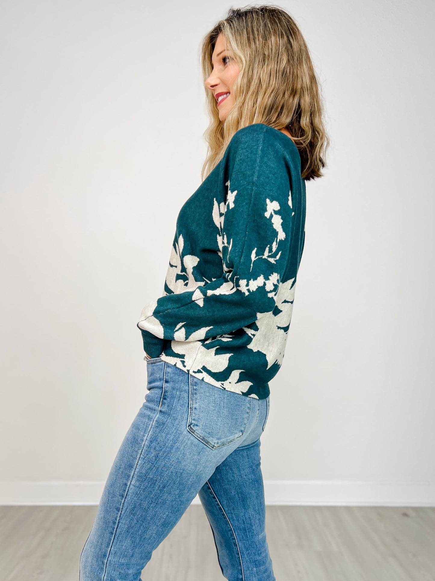 Dolman Sleeve Floral Jacquard Sweater