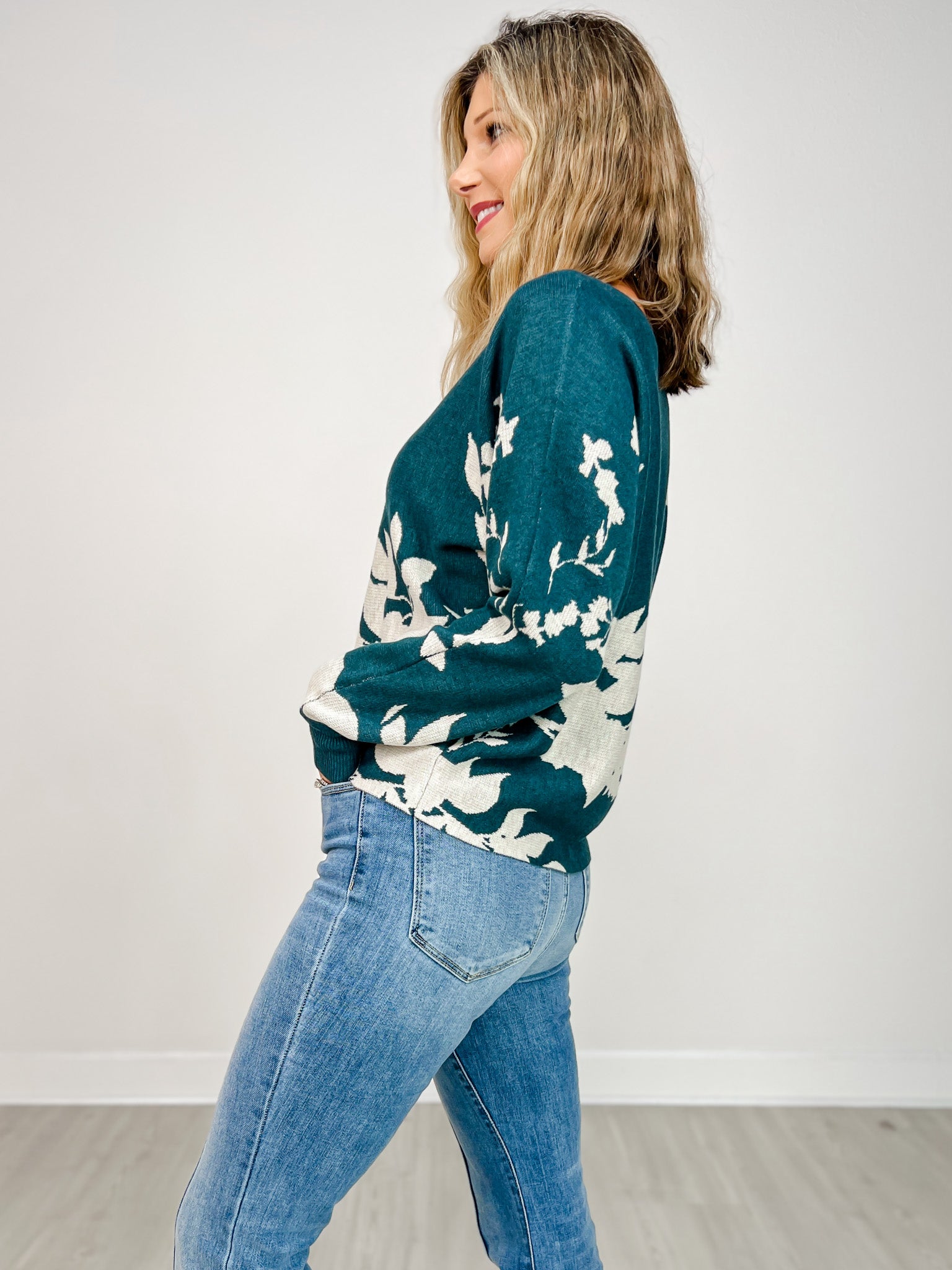 Dolman Sleeve Floral Jacquard Sweater