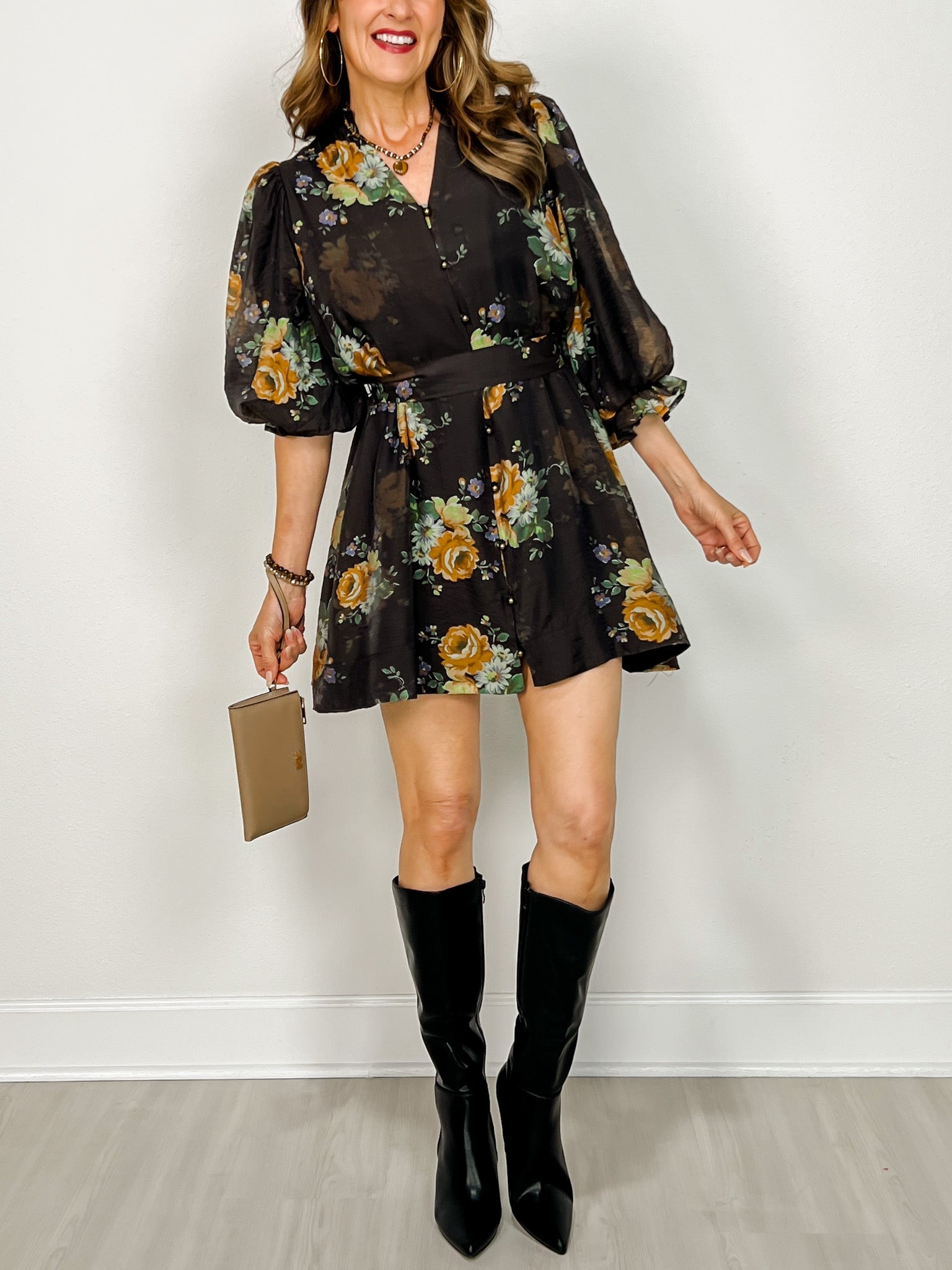 Floral Print 3/4 Sleeve Split Neckline with Decorative Button Front Mini Dress