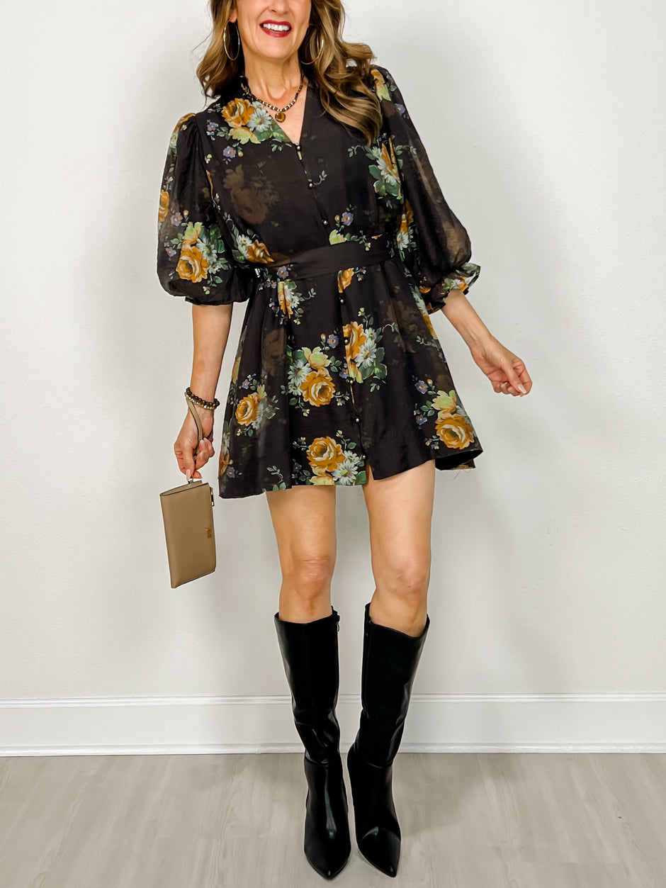 Floral Print 3/4 Sleeve Split Neckline with Decorative Button Front Mini Dress