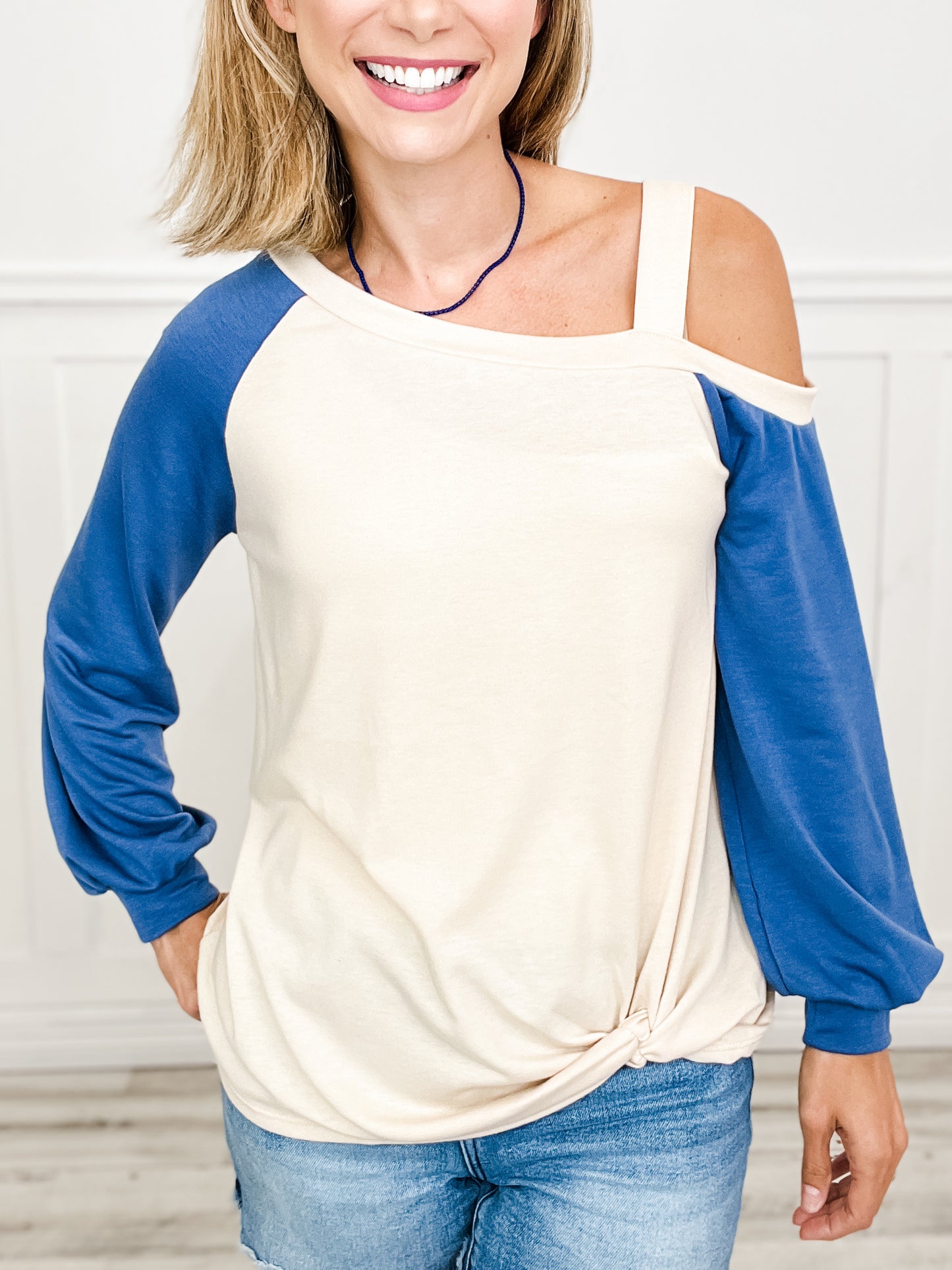 FRENCH TERRY KNIT COLOR BLOCK ONE SHOULDER