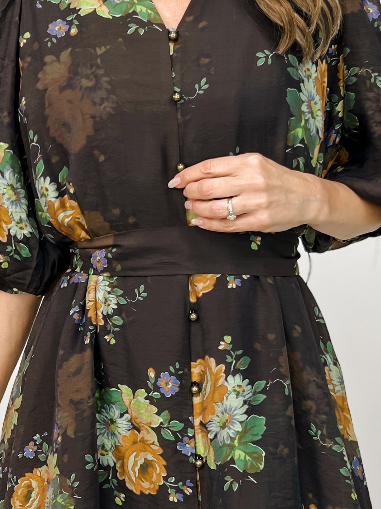 Floral Print 3/4 Sleeve Split Neckline with Decorative Button Front Mini Dress