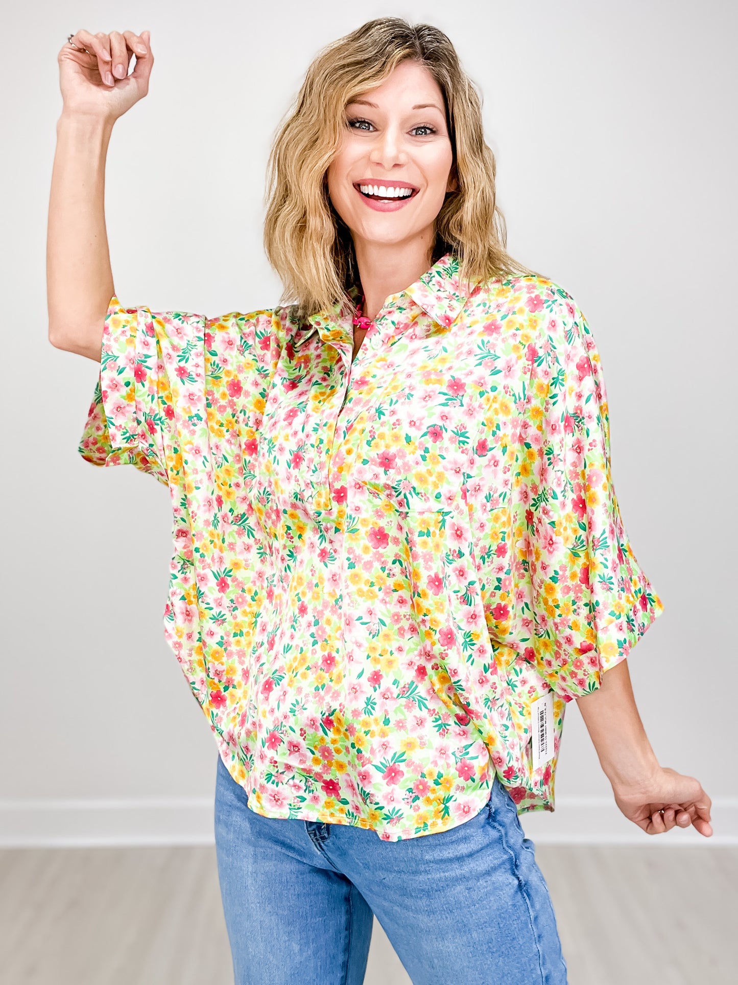 Floral Satin Dolman Sleeve Collared Top