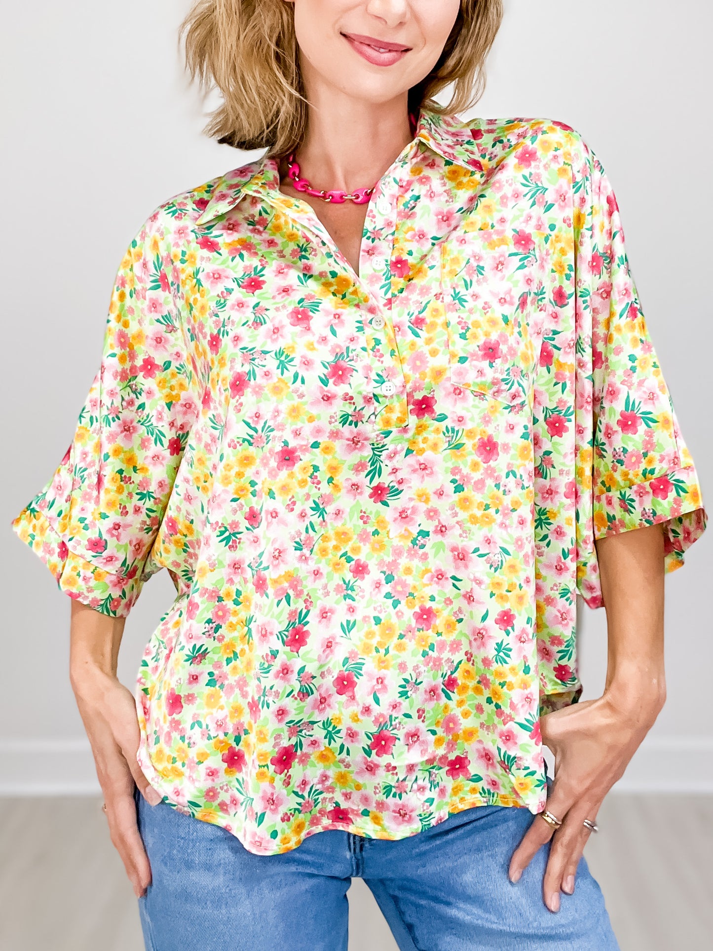 Floral Satin Dolman Sleeve Collared Top