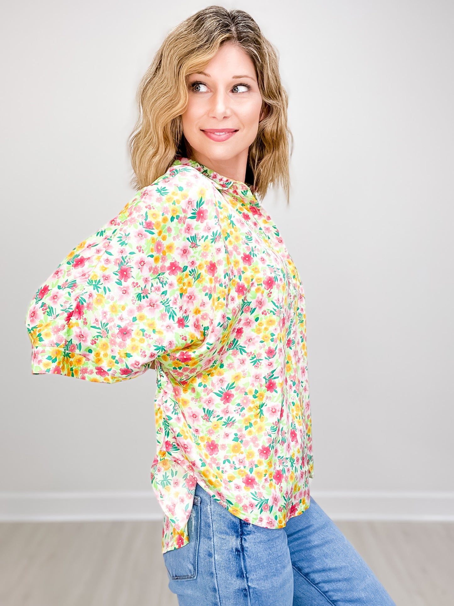 Floral Satin Dolman Sleeve Collared Top