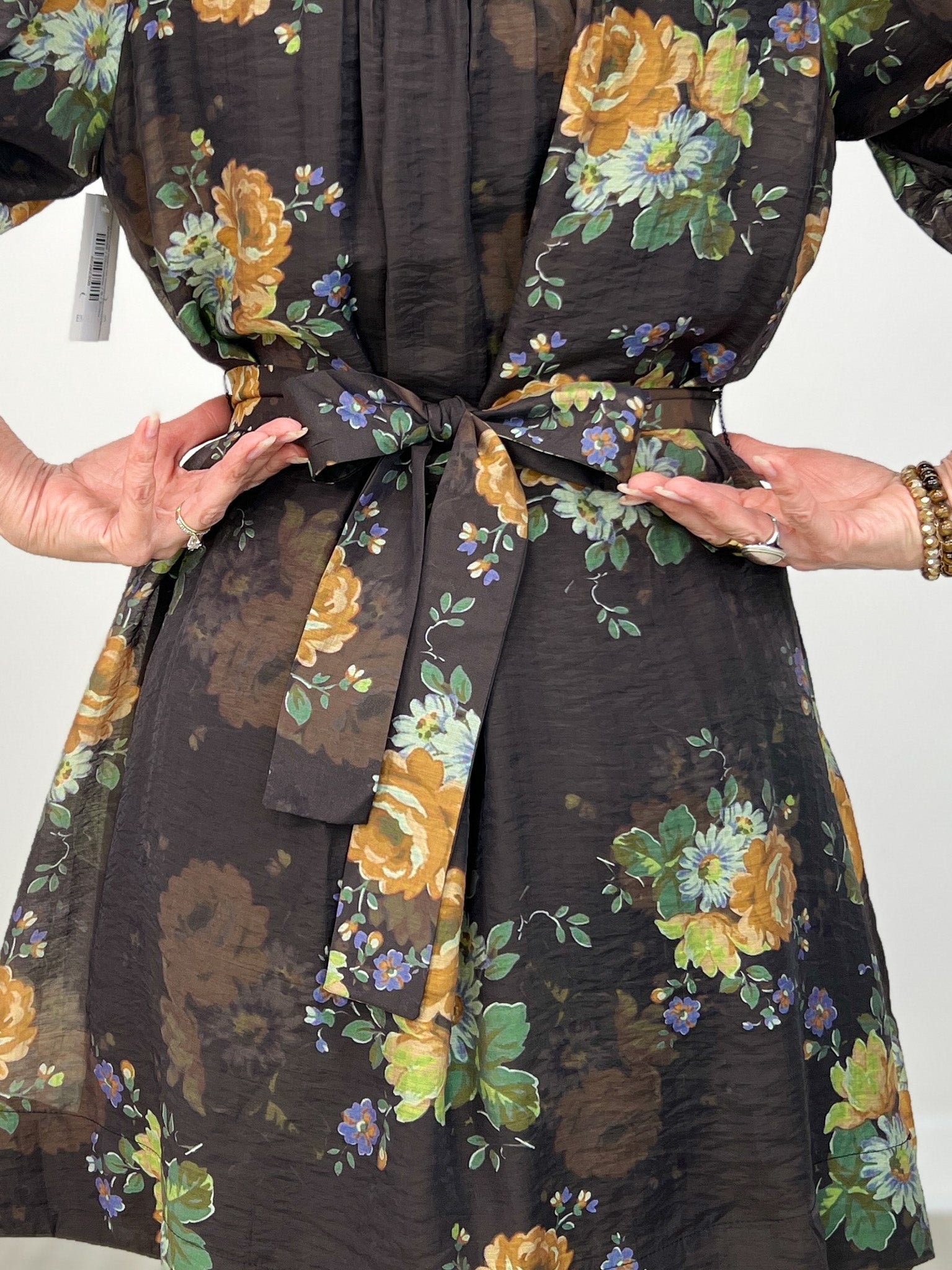 Floral Print 3/4 Sleeve Split Neckline with Decorative Button Front Mini Dress
