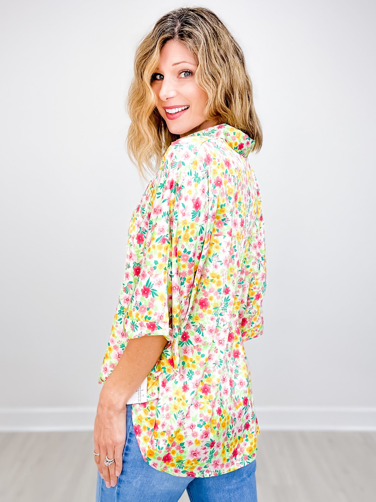 Floral Satin Dolman Sleeve Collared Top