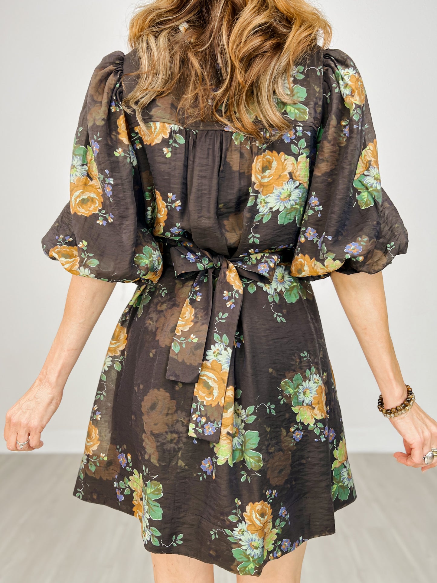 Floral Print 3/4 Sleeve Split Neckline with Decorative Button Front Mini Dress